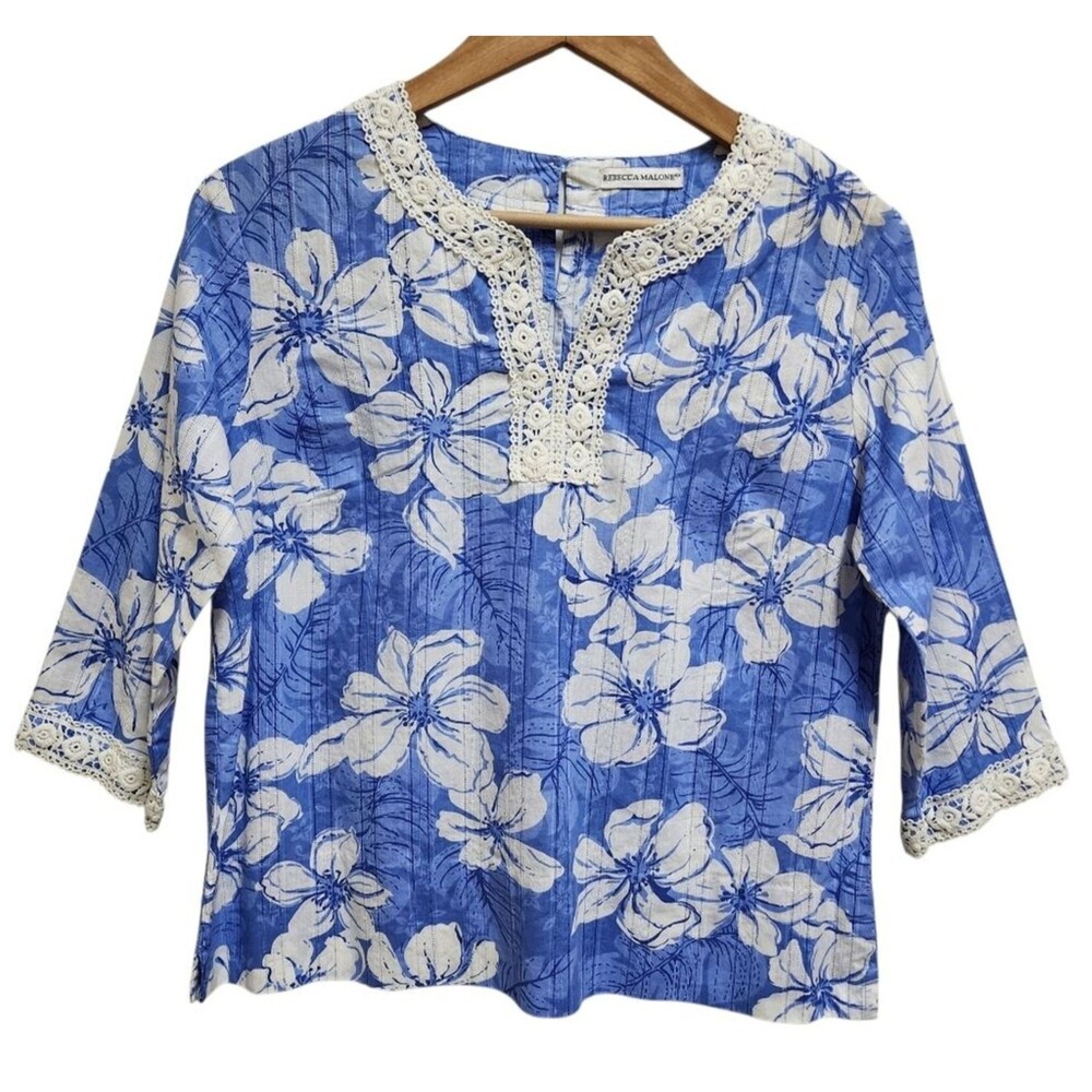 Rebecca Malone Blue White Cotton Floral Split V Crochet 3/4 Slv Top Womens Sz S